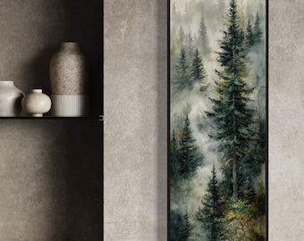 Misty Forest Wall Art – Pine Tree Watercolor Print, Nature Landscape Poster, Rustic Cabin Decor, Woodland Tree Art, Foggy Forest Painting