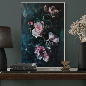 Emerald Nocturne  - A captivating floral display, with blooms of pink and white against a deep teal backdrop, exuding a mysterious, nocturnal charm.