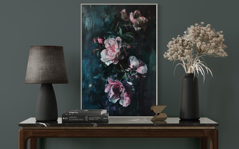 Emerald Nocturne  - A captivating floral display, with blooms of pink and white against a deep teal backdrop, exuding a mysterious, nocturnal charm.