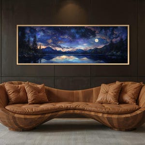 Night Sky Landscape Art Print – Milky Way Wall Art, Starry Mountain Lake, Moonlit Twilight Decor