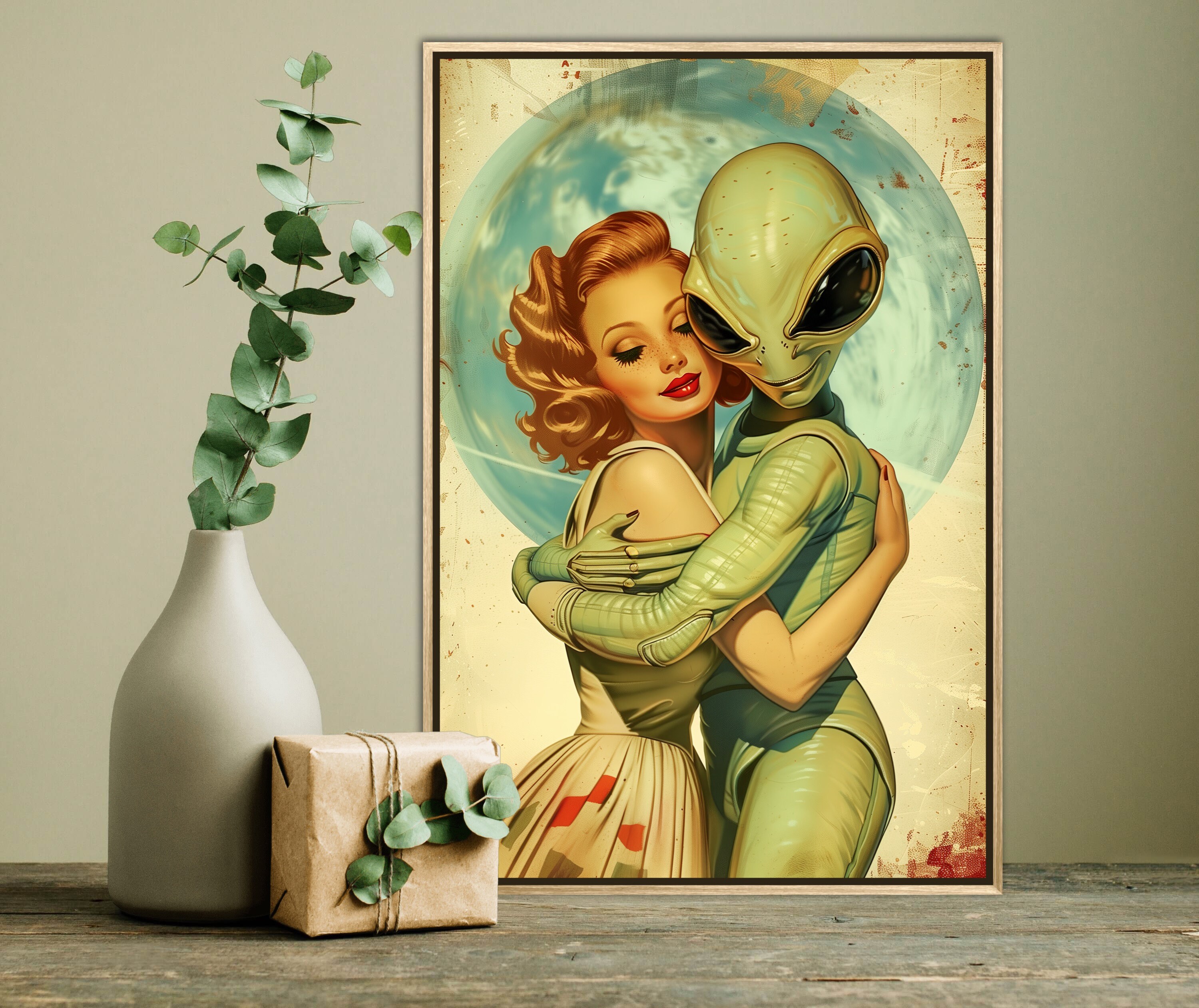 Alien Embrace - Surrealist UFO Love Art, Trippy Alien Wall Art, Cute ...