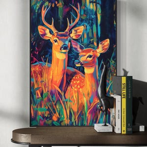 Colorful Deer Wall Art – Buck and Doe Canvas or Poster Print, Vibrant Wildlife Painting, Rustic Cabin Decor, Framed Woodland Art