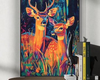 Art mural coloré avec des cerfs - Toile ou affiche Buck and Doe, peinture animalière vibrante, décoration de cabane rustique, art boisé encadré