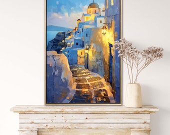 Zonsondergang op Santorini: Griekse streetart-print in getextureerde stijl, mediterrane kunst voor strandhuisposter en decor zeekunstwerk