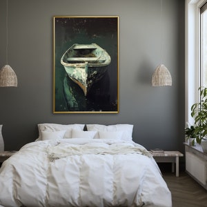 A tranquil artwork capturing a rustic boat's serene reflection in still waters, embodying a quiet escape and the beauty of simplicity. Ideal for a calming space.