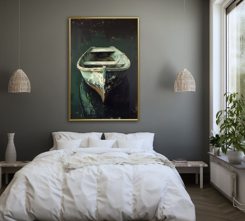 A tranquil artwork capturing a rustic boat's serene reflection in still waters, embodying a quiet escape and the beauty of simplicity. Ideal for a calming space.