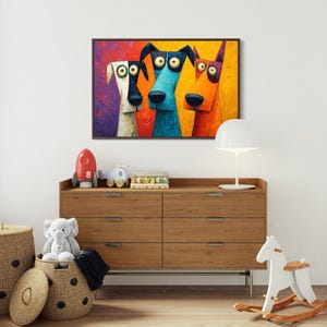 Colorful modern dog art print featuring three quirky cartoon-style dogs with big round eyes and long snouts. Vibrant palette of orange, teal, yellow, purple, and cream creates a fun pop-art look. A playful wall decor piece perfect for kids’ rooms, dog lovers, funky living rooms, vet offices, or eclectic gallery walls. (Print only, no texture.)