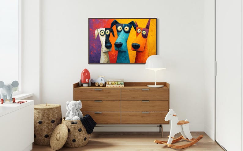 Colorful modern dog art print featuring three quirky cartoon-style dogs with big round eyes and long snouts. Vibrant palette of orange, teal, yellow, purple, and cream creates a fun pop-art look. A playful wall decor piece perfect for kids’ rooms, dog lovers, funky living rooms, vet offices, or eclectic gallery walls. (Print only, no texture.)
