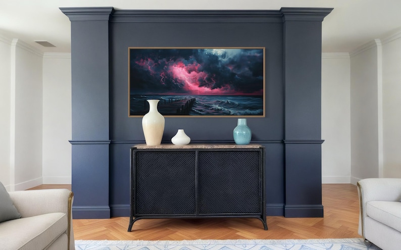 This dramatic storm canvas captures a dark ocean scene with a striking pink lightning sky over a wooden pier. The moody waves and vibrant storm clouds create a bold statement piece. Perfect for lovers of dramatic nature art, coastal décor.