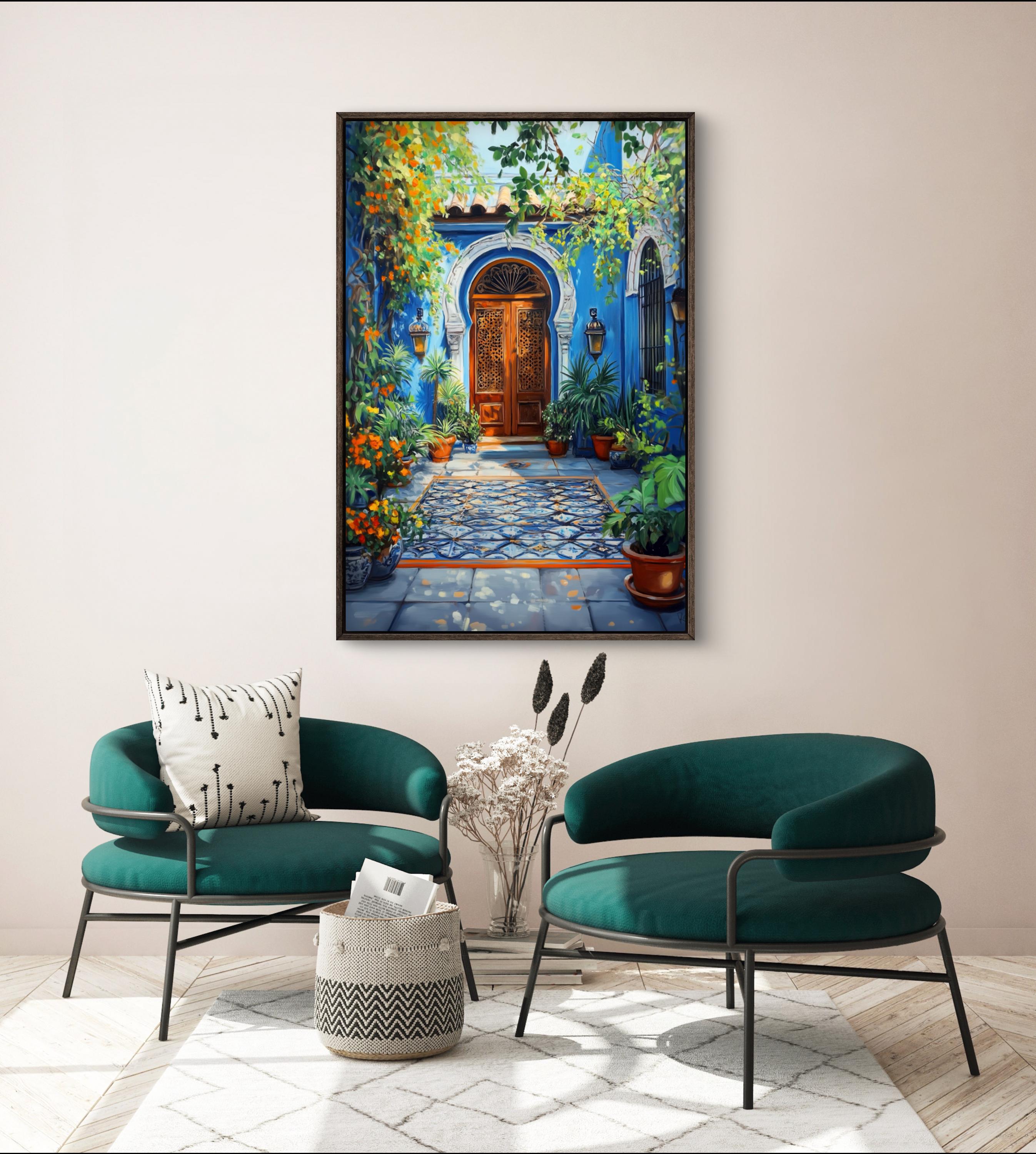 Vibrant Indian Courtyard With Blue Door Canvas - South Asian Art