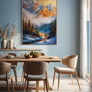 Sunrise In Alps - Pine Tree and Snowy Mountain Art, River Painting Print