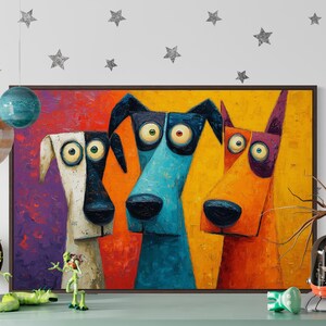 Colorful modern dog art print featuring three quirky cartoon-style dogs with big round eyes and long snouts. Vibrant palette of orange, teal, yellow, purple, and cream creates a fun pop-art look. A playful wall decor piece perfect for kids’ rooms, dog lovers, funky living rooms, vet offices, or eclectic gallery walls. (Print only, no texture.)