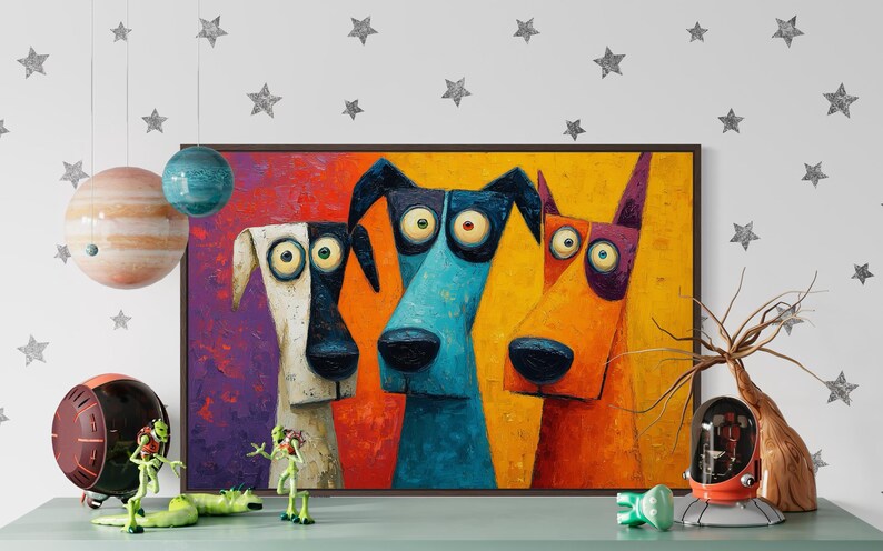 Colorful modern dog art print featuring three quirky cartoon-style dogs with big round eyes and long snouts. Vibrant palette of orange, teal, yellow, purple, and cream creates a fun pop-art look. A playful wall decor piece perfect for kids’ rooms, dog lovers, funky living rooms, vet offices, or eclectic gallery walls. (Print only, no texture.)