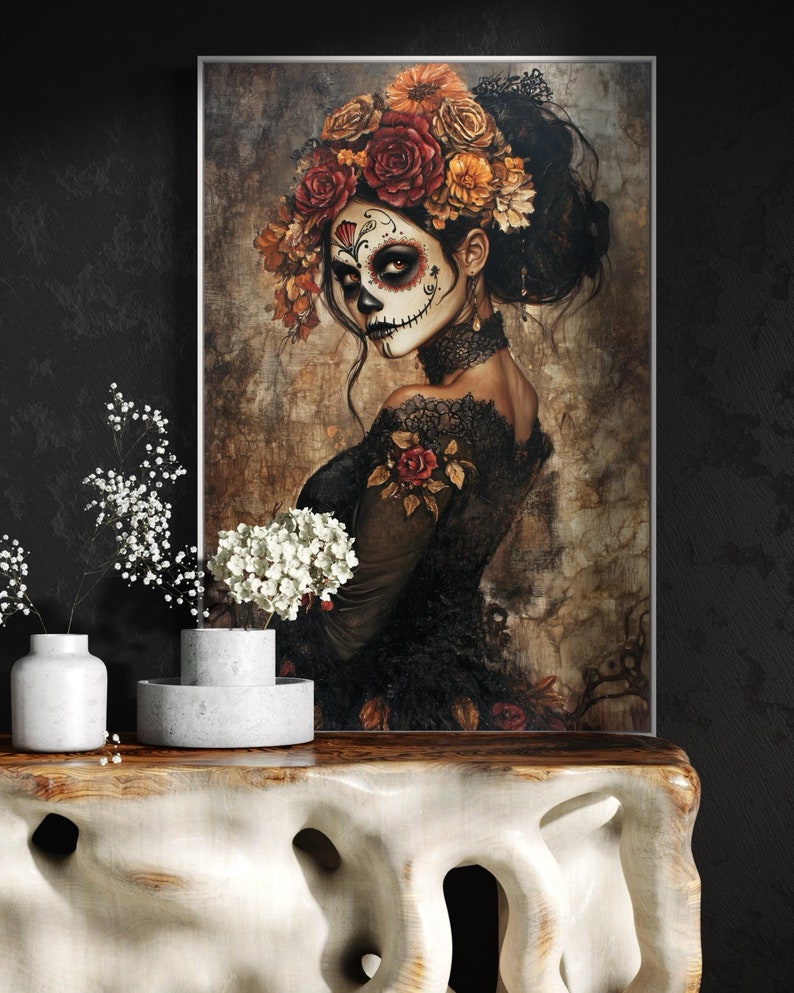 Ethereal portrayal of a woman in Day of the Dead makeup, adorned with a crown of autumn-toned flowers, set against a moody, textured backdrop, evoking both beauty and mystery.