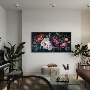 Midnight Bloom - A lush display of peonies in rich purples and delicate pinks, set against a deep, dark backdrop, exuding elegance and drama.