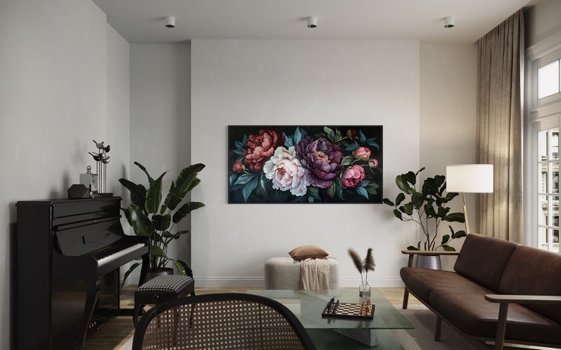 Midnight Bloom - A lush display of peonies in rich purples and delicate pinks, set against a deep, dark backdrop, exuding elegance and drama.