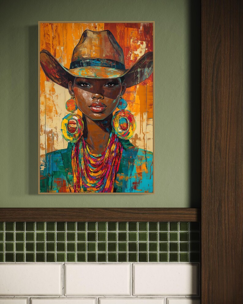 Vibrant Western Woman Wall Art - Abstract Cowboy Hat Canvas, Bold ...