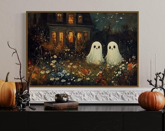 Cute Ghosts Art Print – Whimsical Halloween Wall Art, Spooky Haunted House Decor, Cottagecore Ghost Artwork, Cozy Fall Print