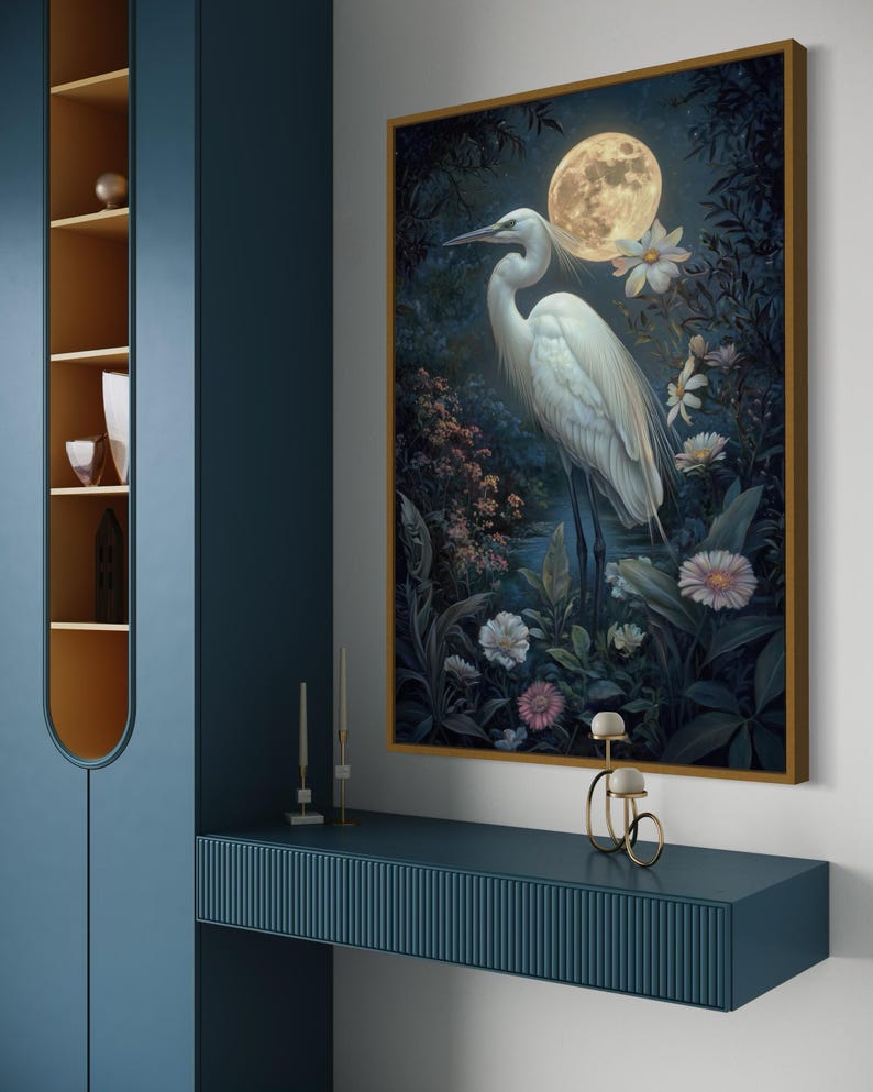Ethereal Great Egret Art Tropical Moonlight Print With Wildflowers