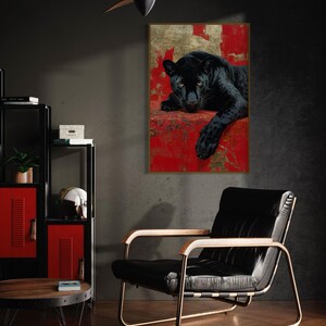 Striking art print of a black panther resting against a rich red and gold abstract background. The panther’s piercing gaze, sleek dark fur, and powerful presence create a dramatic and luxurious statement piece, blending wildlife majesty with bold modern art design for a captivating interior accent.