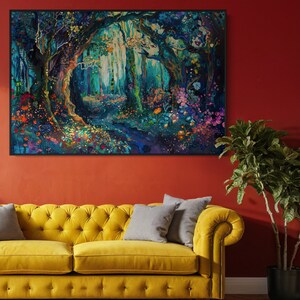 The enchanting woodland scene, ablaze with vibrant, whimsical colours, invites viewers into a magical forest where flora and fantasy intertwine.