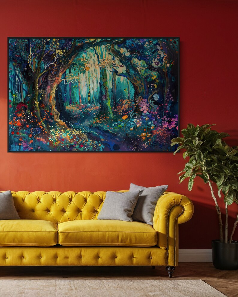 The enchanting woodland scene, ablaze with vibrant, whimsical colours, invites viewers into a magical forest where flora and fantasy intertwine.