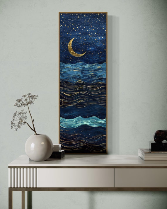 Dreamy Celestial Canvas: Long Narrow Starry Night Print – Relaxing Moonlight Painting Print in Navy Blue for Moody Wall Art