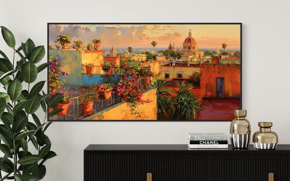 Golden Sunset Over Mexican Town - Panoramic Landscape Wall Art, Mexican Painting Print for Above Bed Decor, Latin American Art Print