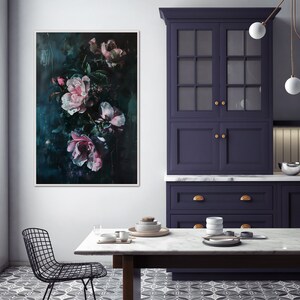 Emerald Nocturne  - A captivating floral display, with blooms of pink and white against a deep teal backdrop, exuding a mysterious, nocturnal charm.