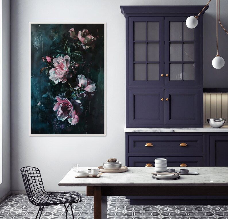 Emerald Nocturne  - A captivating floral display, with blooms of pink and white against a deep teal backdrop, exuding a mysterious, nocturnal charm.