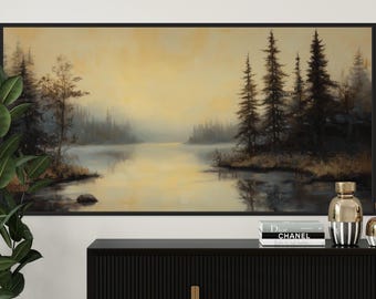 Arte mural de bosque de pinos brumoso: Impresión de paisaje con reflejos en el lago Moody
