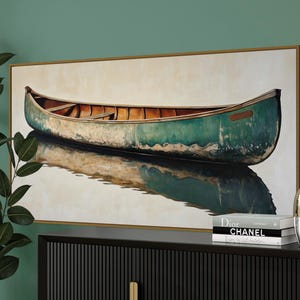 Vintage Canoe Wall Art Print – Rustic Lake Decor, Worn Green Boat Painting PRINT, Cabin Style Wall Art, Nature Reflection Water Print