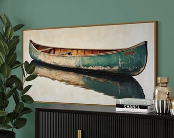 Vintage Canoe Wall Art Print – Rustic Lake Decor, Worn Green Boat Painting PRINT, Cabin Style Wall Art, Nature Reflection Water Print