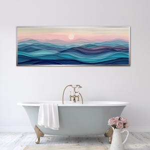 Stylized waves in soothing dusk hues, where serene blues meld into soft pinks, encapsulating the peaceful embrace of the evening by the sea.