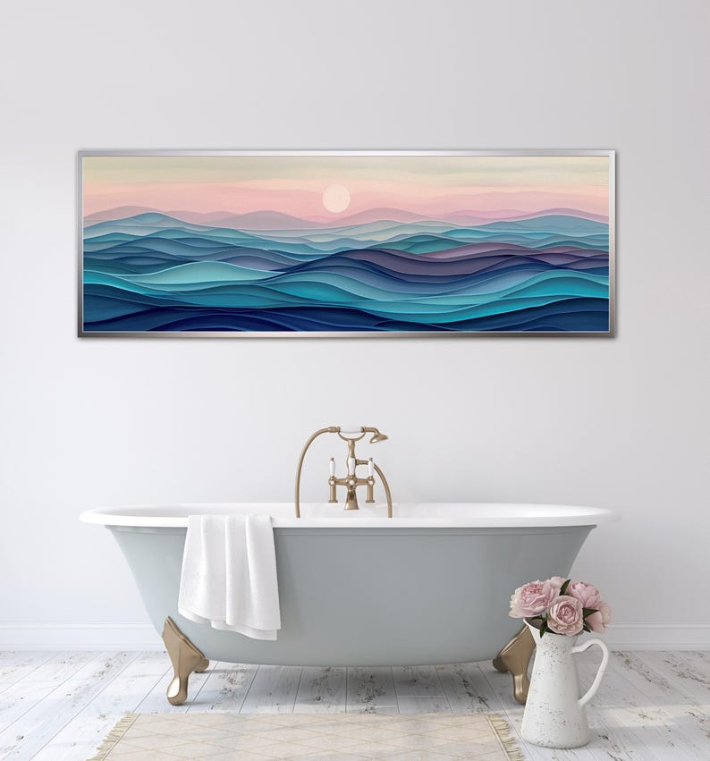 Stylized waves in soothing dusk hues, where serene blues meld into soft pinks, encapsulating the peaceful embrace of the evening by the sea.