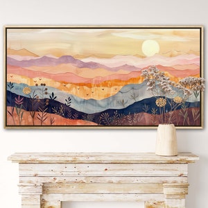 Serene rolling hills under a gentle sun, depicted in warm, soothing tones and stylized layers, evoke a sense of calm and whimsy in this pastoral landscape.