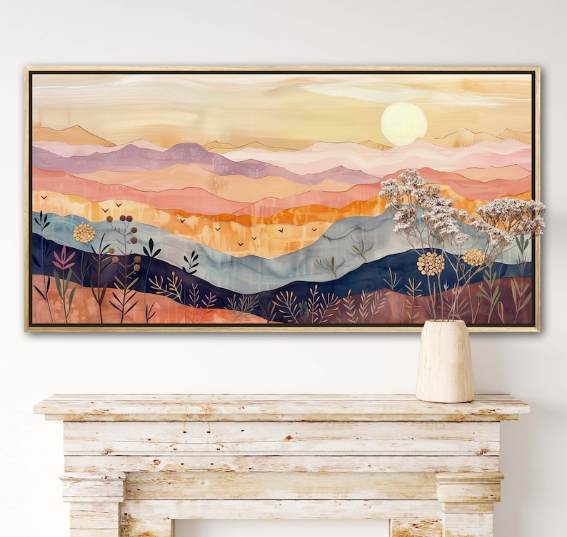 Serene rolling hills under a gentle sun, depicted in warm, soothing tones and stylized layers, evoke a sense of calm and whimsy in this pastoral landscape.