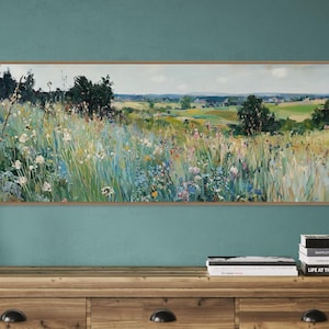 Romantic Wildflower Meadow Print – Impressionist Landscape Wall Art, Rolling Hills Countryside Scene, Nature-Inspired Home Decor