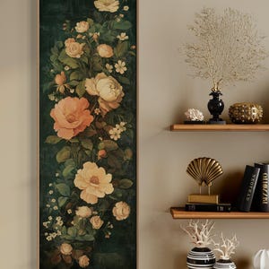 Adorn your space with this elegant vintage-style floral tapestry featuring soft, blooming roses and delicate leaves against a dark, textured background. A timeless addition to bring a touch of classic beauty to any room.