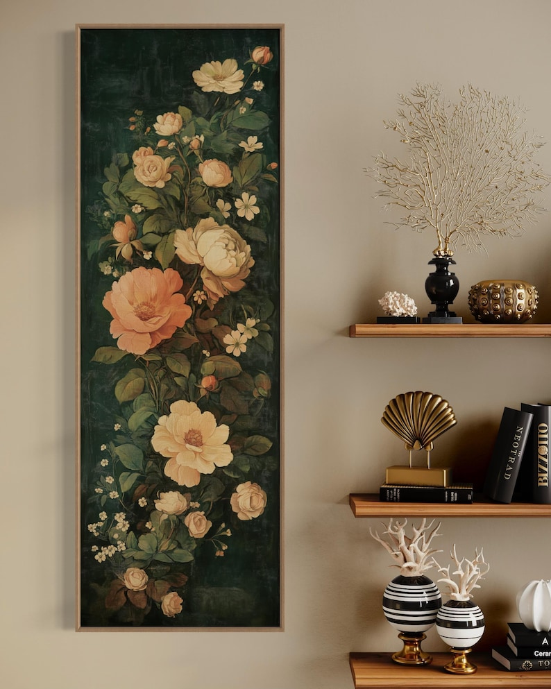 Adorn your space with this elegant vintage-style floral tapestry featuring soft, blooming roses and delicate leaves against a dark, textured background. A timeless addition to bring a touch of classic beauty to any room.