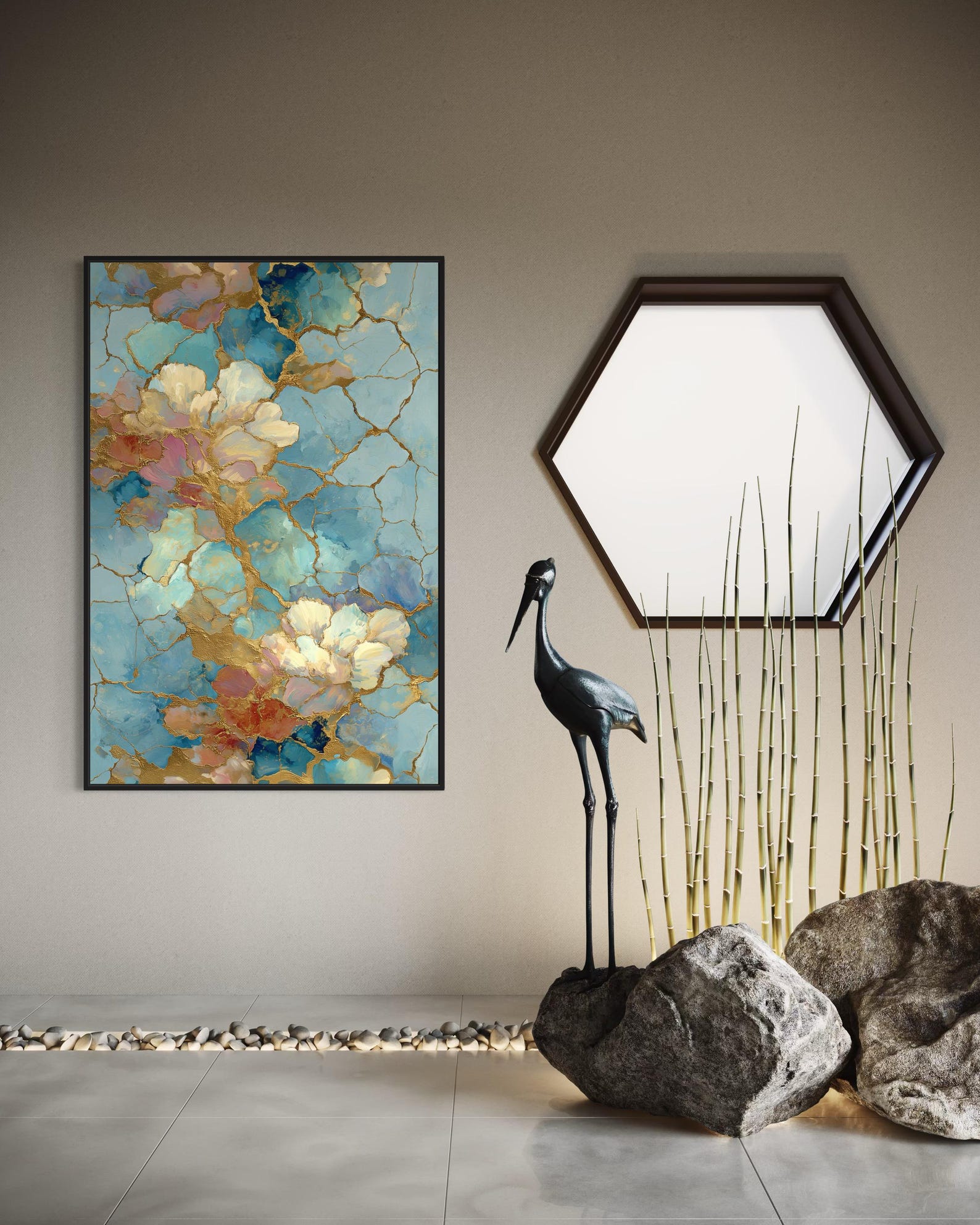Kintsugi Floral Abstract Art Print – Blue and Gold Modern Wall Decor ...