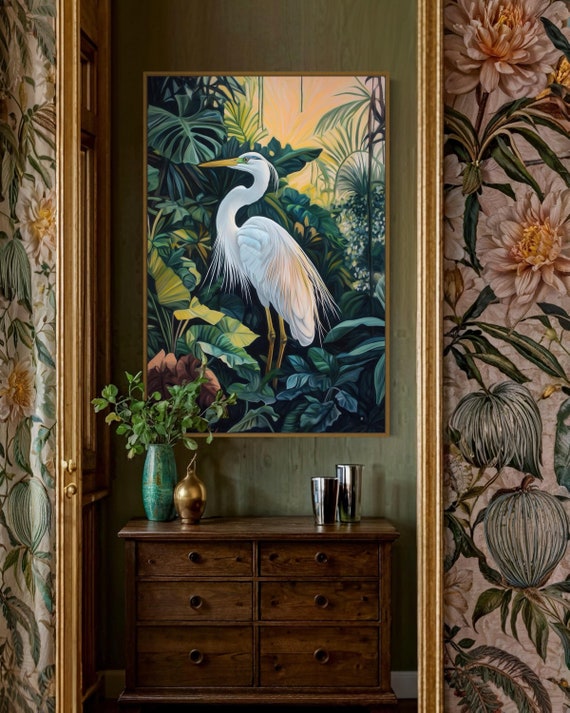 Elegant Great Egret Wall Art – Tropical Bird Art Print for Peaceful Bedroom Decor, Exotic White Heron Print with Lush Rainforest Accents