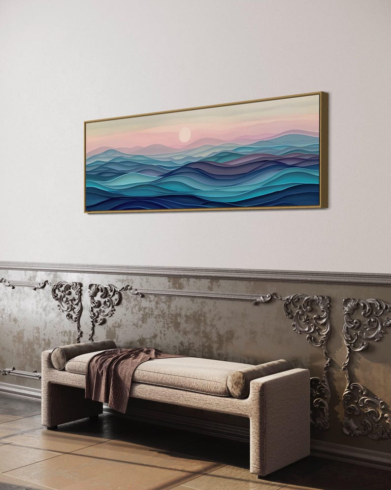 Stylized waves in soothing dusk hues, where serene blues meld into soft pinks, encapsulating the peaceful embrace of the evening by the sea.