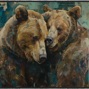 Grizzly Bear Couple - Rustic Home Decor, Giant Bear Painting Print, Wildlife Art Poster for Woodland Lovers