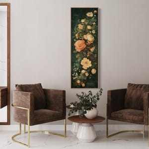 Adorn your space with this elegant vintage-style floral tapestry featuring soft, blooming roses and delicate leaves against a dark, textured background. A timeless addition to bring a touch of classic beauty to any room.