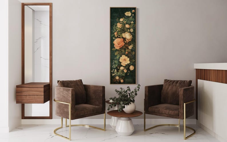 Adorn your space with this elegant vintage-style floral tapestry featuring soft, blooming roses and delicate leaves against a dark, textured background. A timeless addition to bring a touch of classic beauty to any room.