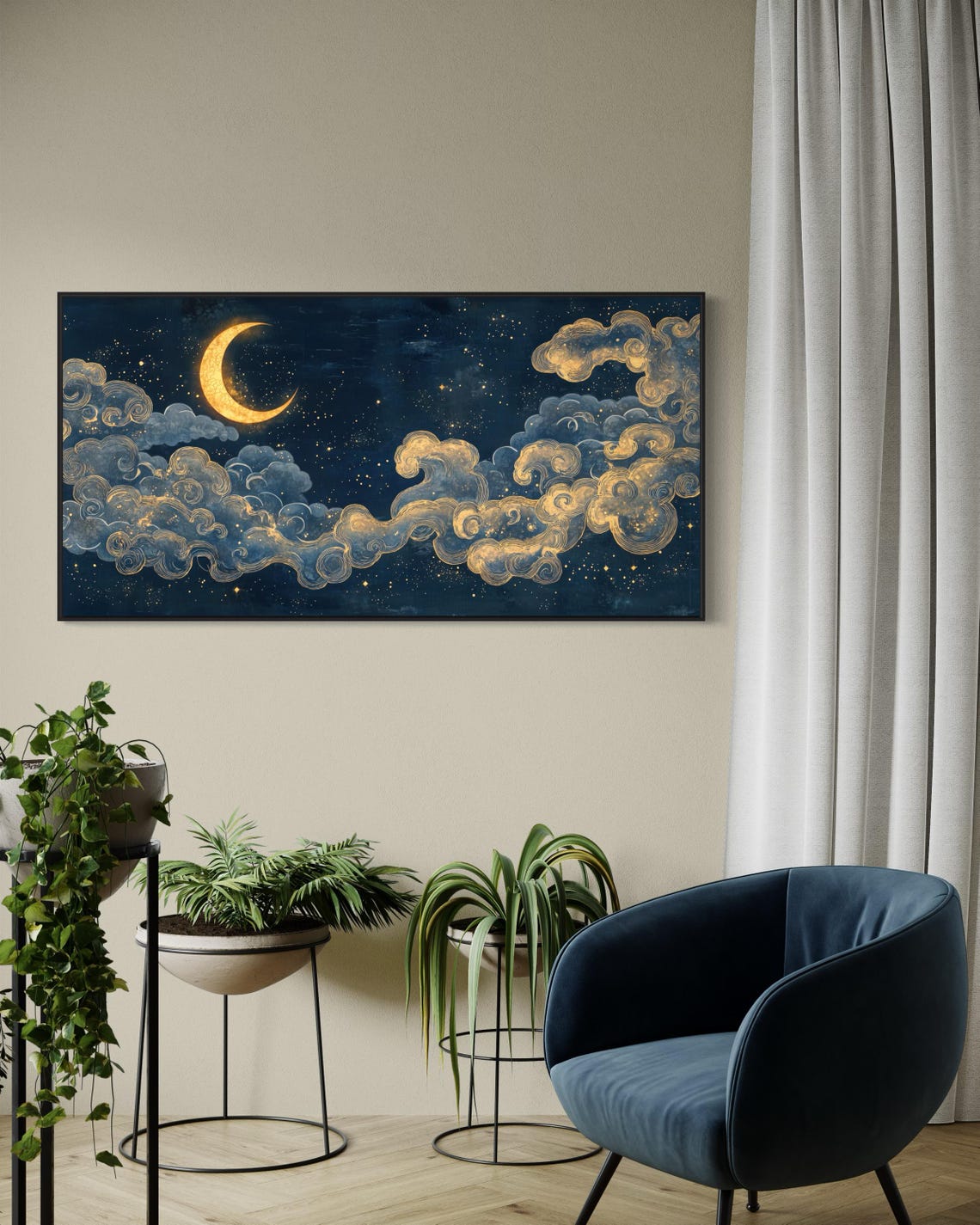 Dreamy Starry Night Crescent Moon Print - Atmospheric Panoramic Wall ...