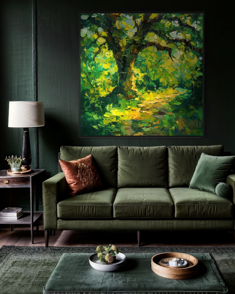 The old oak stands regal and enduring, its twisting branches like wise, outstretched arms, cloaked in a tapestry of sun-kissed leaves, creating a serene sanctuary of nature's timeless beauty.
