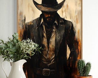 Impression d'art western cowboy - art mural rustique masculin, portrait portrait sombre dans le Far West, déco ranch campagnard pour cabane ou homme des cavernes