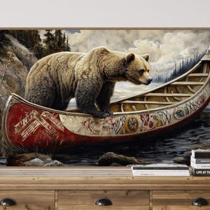 Giant Brown Bear in Canoe Wall Art Panoramic Print - Perfect Above Bed Decor for Woodland Painting Print Enthusiasts